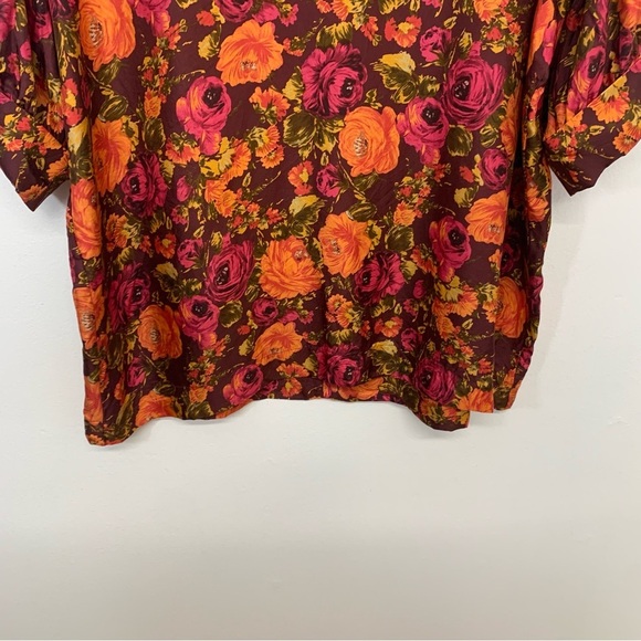 Zara Silk Blouse‎ Top Woman Medium  Purple Floral High Neck Colorful Tropical - Picture 6 of 13